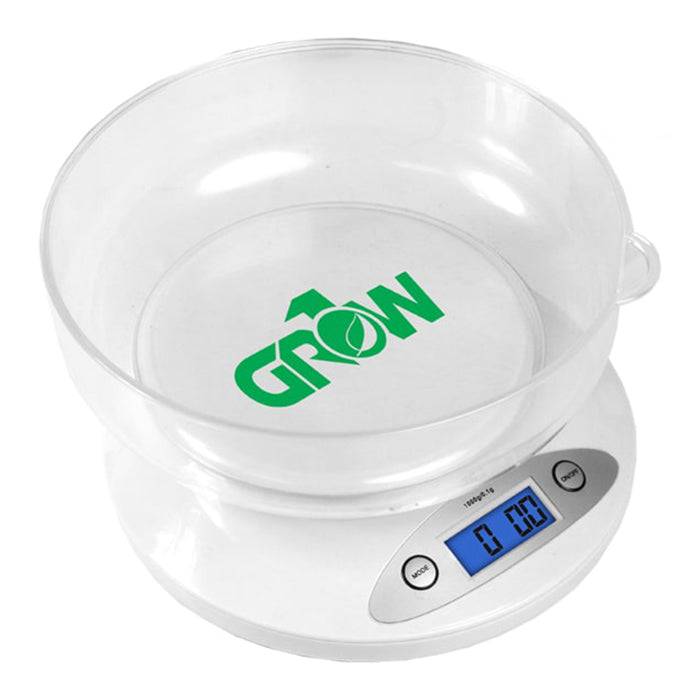 White digital scale with clear plastic bowl