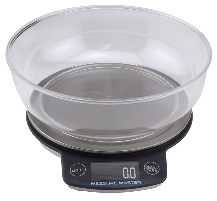 Black plastic digital scale with clear plastic bowl on top