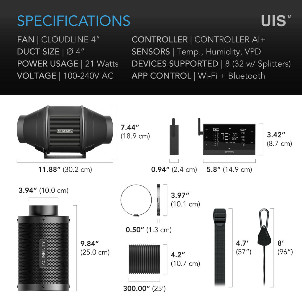 AC Infinity Air Filtration Kit PRO 4", Inline Fan with AI Powered Controller, Carbon Filter & Ducting Combo