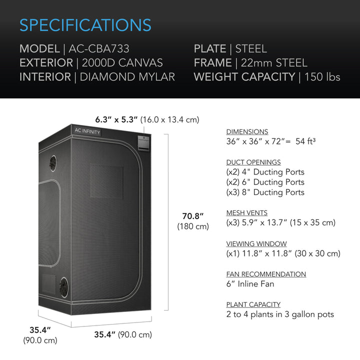 AC Infinity CLOUDLAB 733, Advance Grow Tent 3 X 3, 2000D Diamond Mylar Canvas, 36" X 36" X 72"