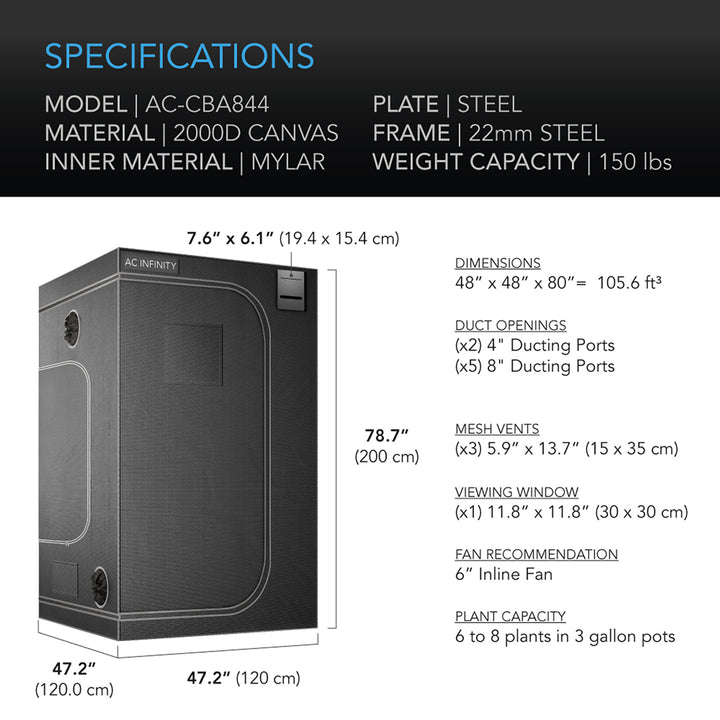 AC Infinity CLOUDLAB 844, Advance Grow Tent 4 X 4, 2000D Diamond Mylar Canvas, 48" X 48" X 80"