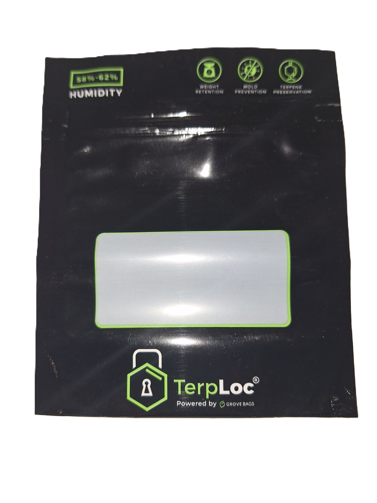 Front view of black plastic resealable pouch