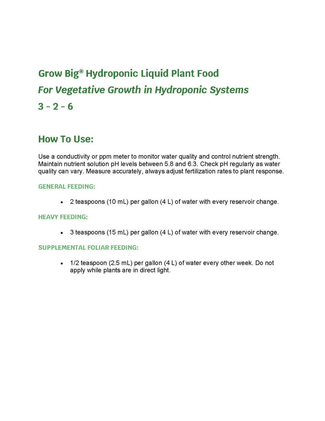 Instructions for FoxFarm Grow Big Hydro Liquid Plant Food