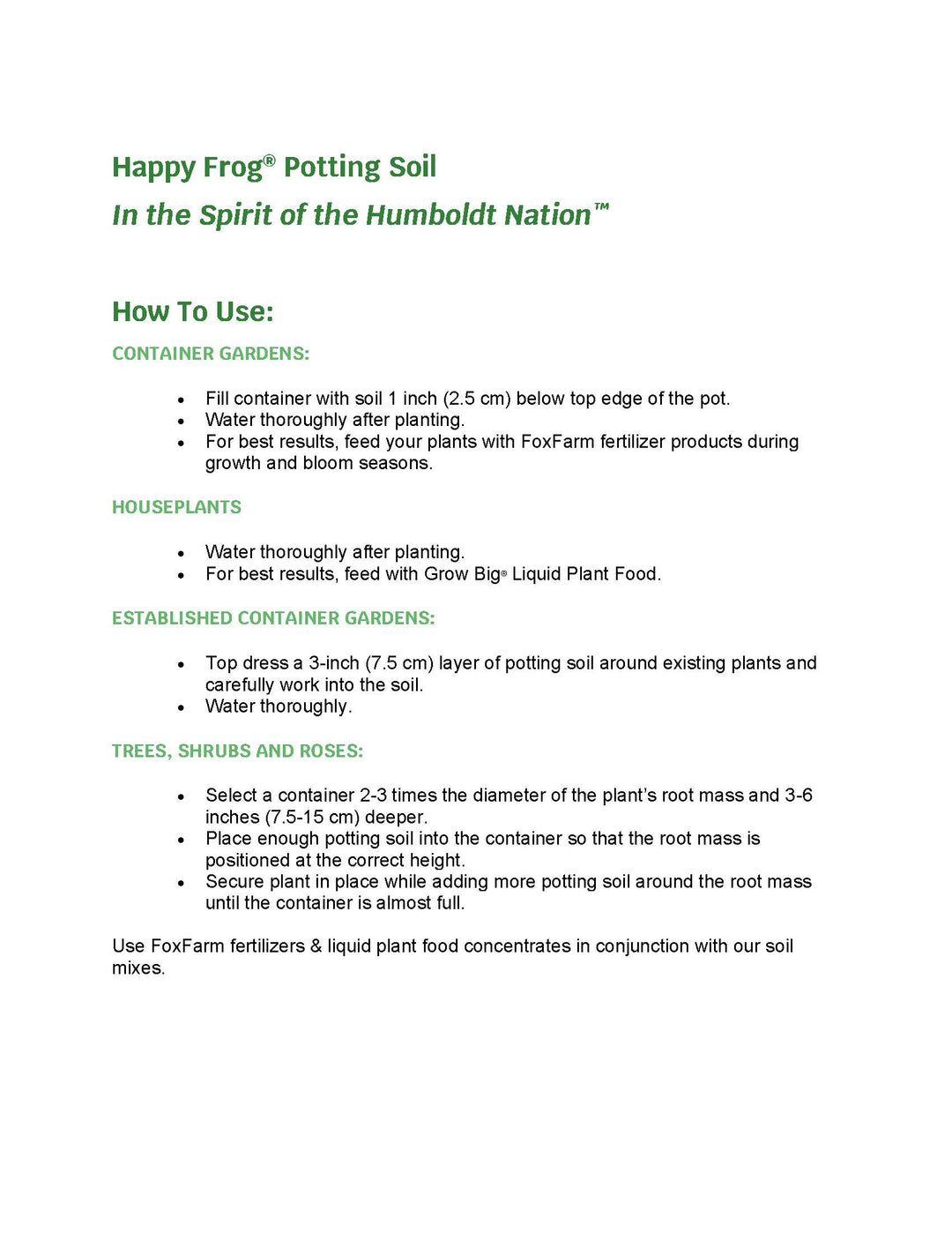 Instructions for using Happy Frog Potting Soil