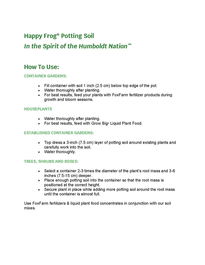 Instructions for using Happy Frog Potting Soil