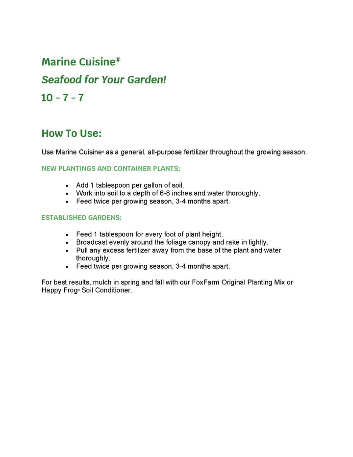 Instructions for using FoxFarm Marine Cuisine fertilizer