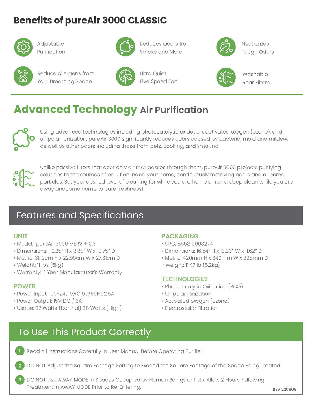 GreenTech PureAir 3000 Portable Air Purifier/Air Cleaner