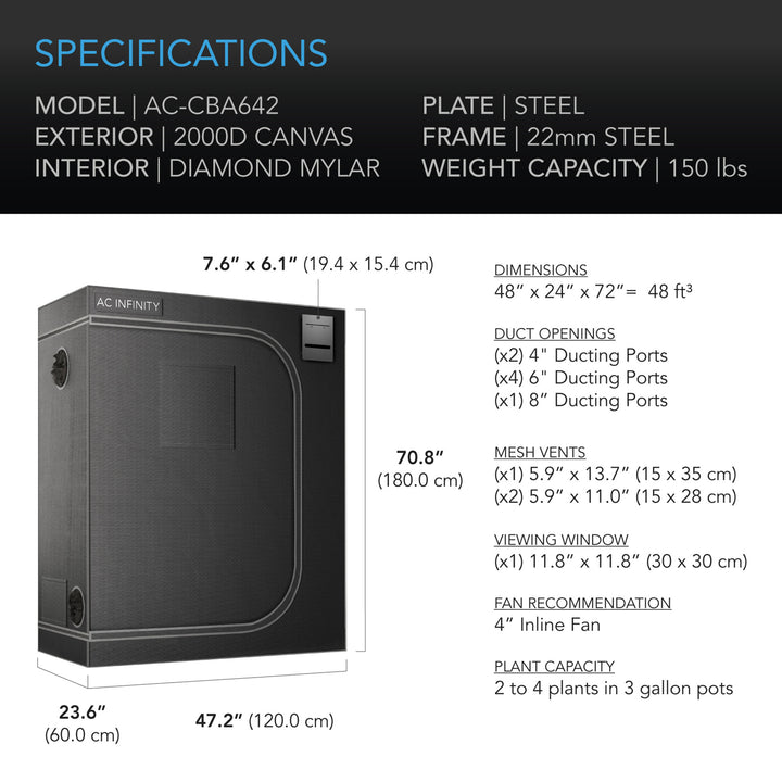 AC Infinity CLOUDLAB 642, Advance Grow Tent 4 X 2, 2000D Diamond Mylar Canvas, 48" X 24" X 72"