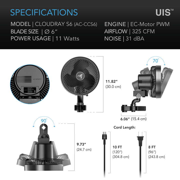 AC Infinity CLOUDRAY S6, Gen 2 Grow Tent Clip Fan 6" with Long-Life EC Motor, 10-Level Dynamic Wind Modes & Fan Speeds