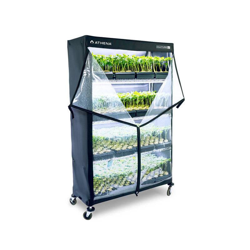Vertical rack wrapped in plastic zipperd open for the first two racks