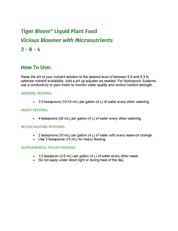 Tiger Bloom liquid plant food instructions and usage guide