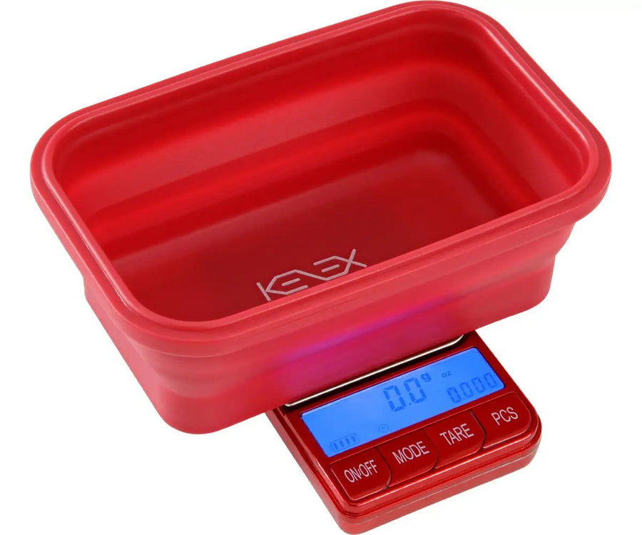 a scale with a red bowl on top of it