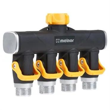 a valve of four black and yellow hose holders