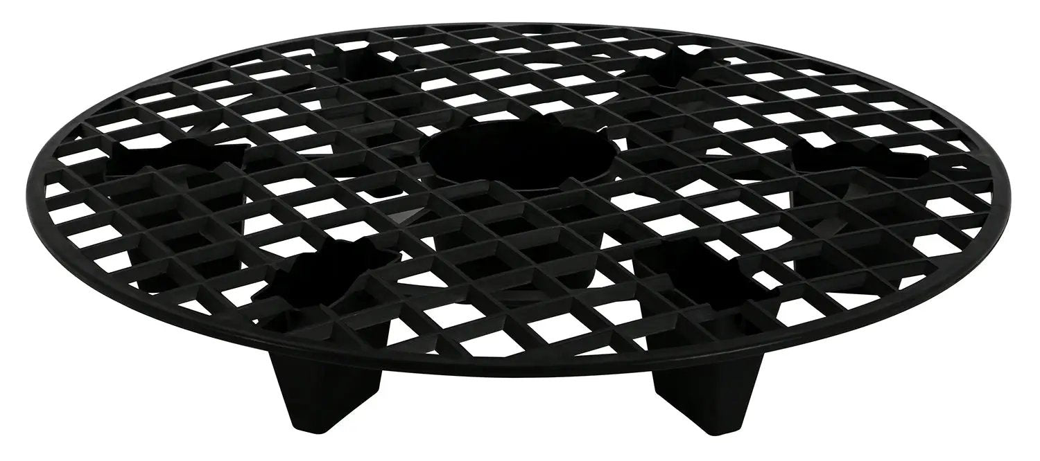Gro Pro NX Level Pot Elevator 16" in black plastic with grid design and sturdy legs, ideal for 15-gallon pots in 16in saucers to prevent root rot.