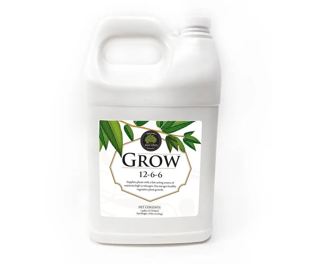 White container labeled 'Grow' with green leaves on a white background