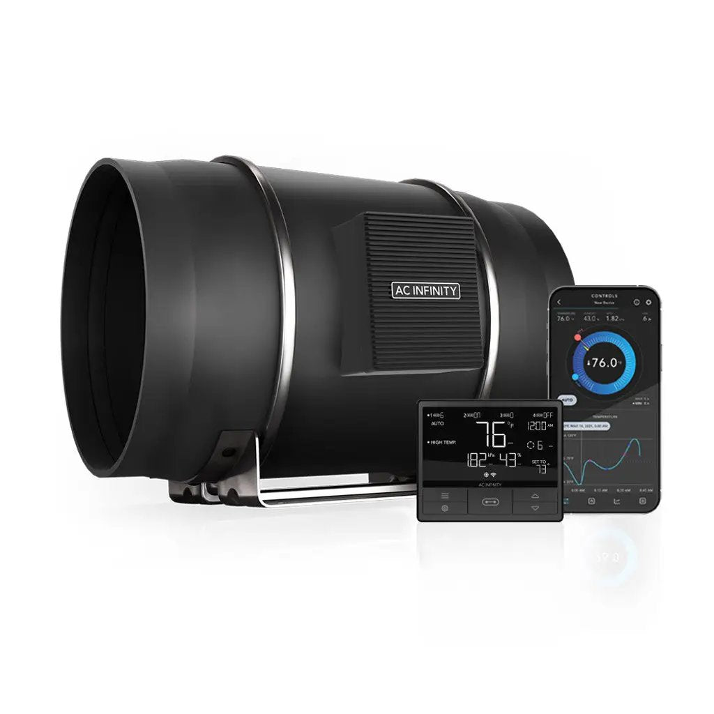 AC Infinity CLOUDLINE PRO T10 10-inch quiet inline duct fan system with digital VPD controller and WiFi app for climate automation in grow rooms.