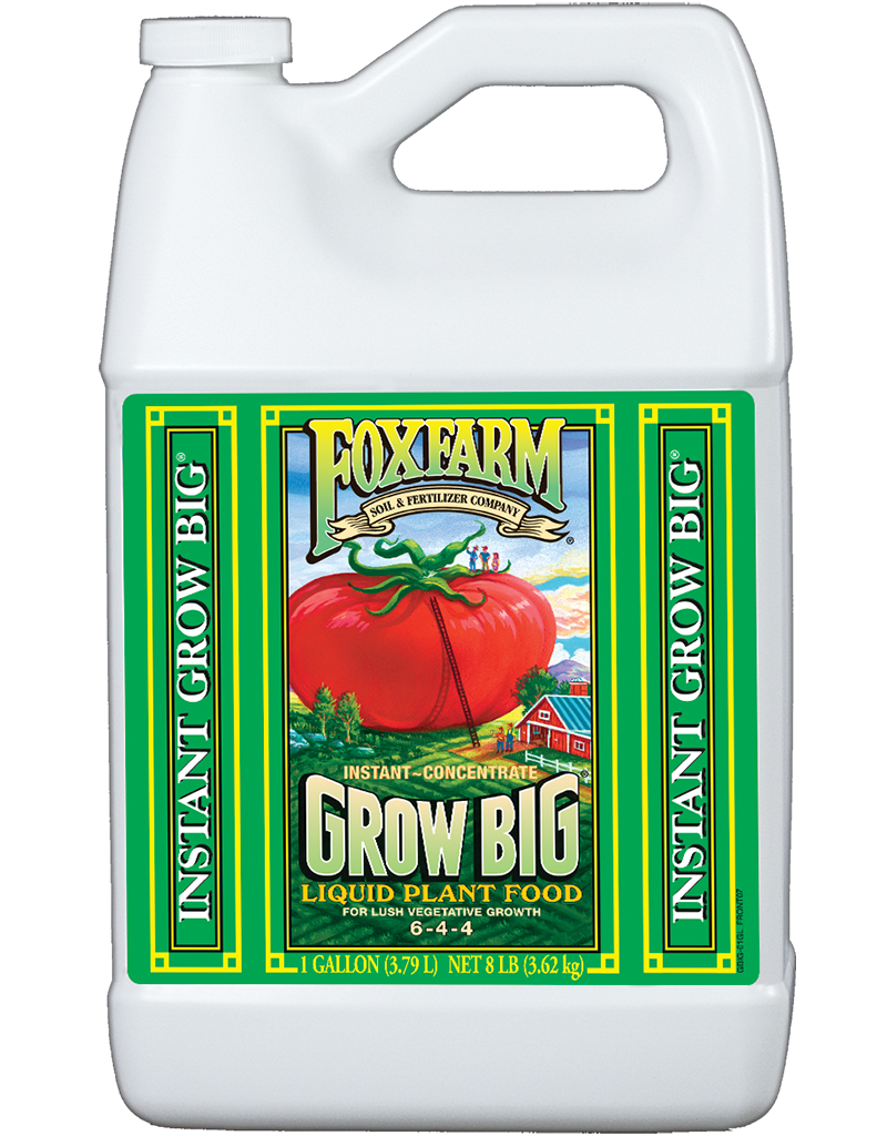 2.5 Gallon size white plastic bottle with green label of plant food