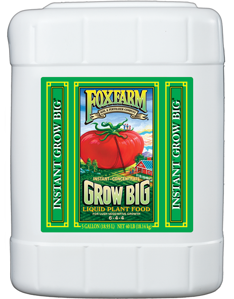 5 Gallon size white plastic bottle with green label of plant food