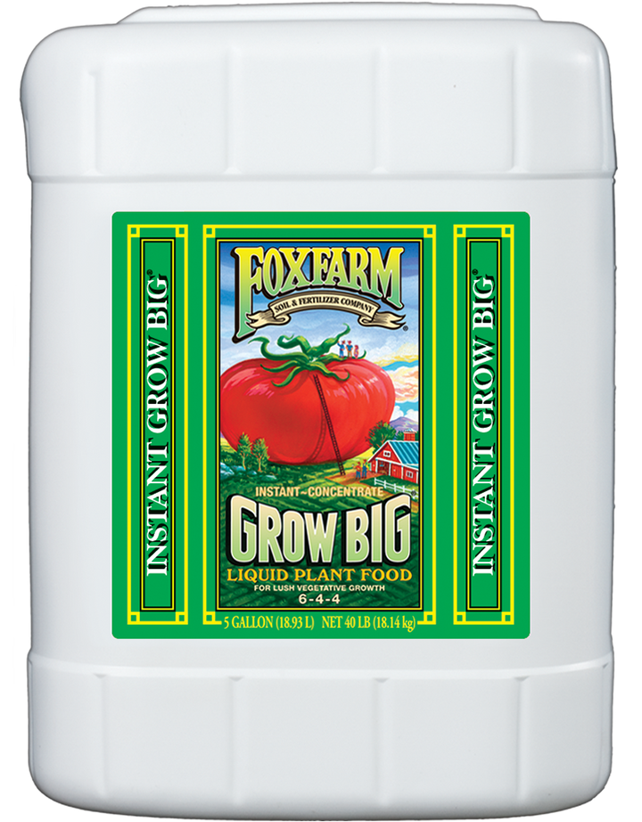 5 Gallon size white plastic bottle with green label of plant food