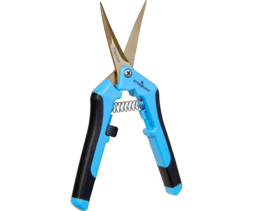 a pair of blue scissors with black handles