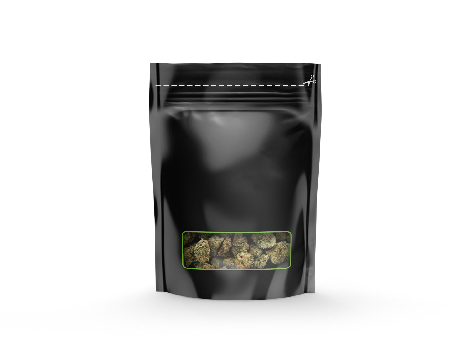 Front view of black plastic resealable pouch