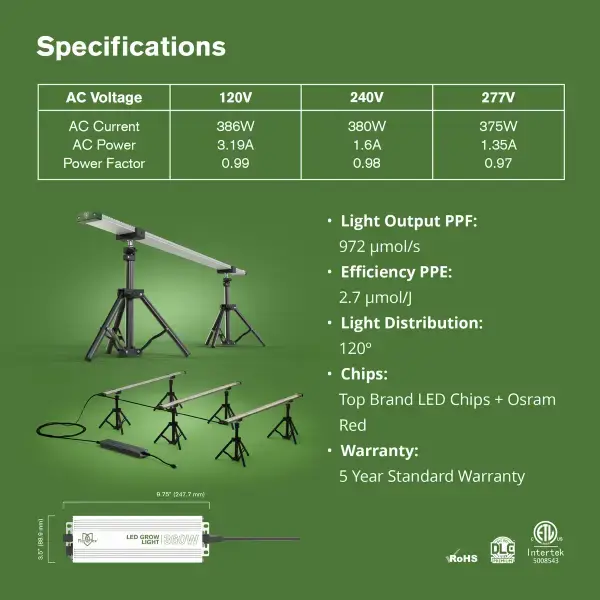 FloraFlex Full Spectrum Under Canopy 3-Bar LED Grow Light 360W | 4'x4' - 4'x6' 120V