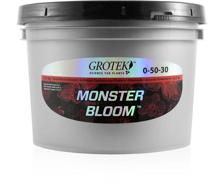 Grotek Monster Bloom 2.5kg nutrient fertilizer container with 0-50-30 NPK ratio, ideal for enhancing flower development and increasing plant yield.