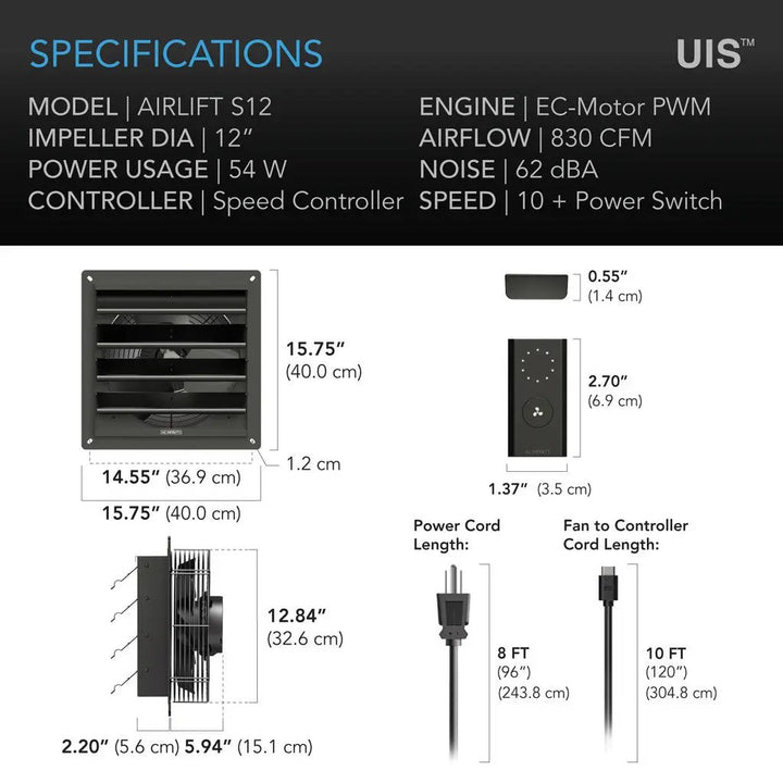AC-Infinity AIRLIFT S12 Shutter Exhaust Ventilation Fan 12", Speed Controller