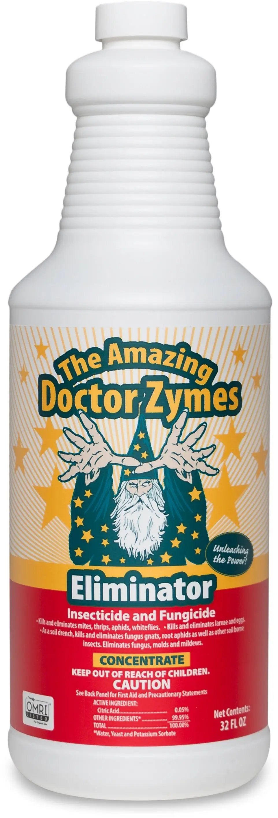 Amazing Doctor Zymes Eliminator Concentrate 32oz bottle for garden insecticide and fungicide use, OMRI listed organic pest control solution.